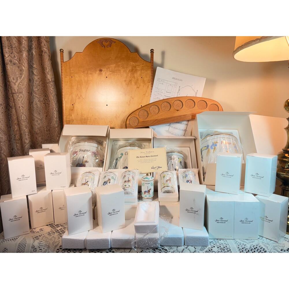 Lenox Carousel Spice Jars, Wood Rack & Canister Complete Set-NOS Vintage 1993NEW